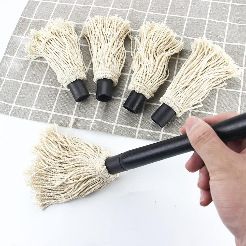 Grill Basting Mop,  18 Inch Grill Basting Brush BBQ Mop Black Wooden Long Handle with 4 Extra Replacement Heads for Grilling Smoking Barbecue Steak