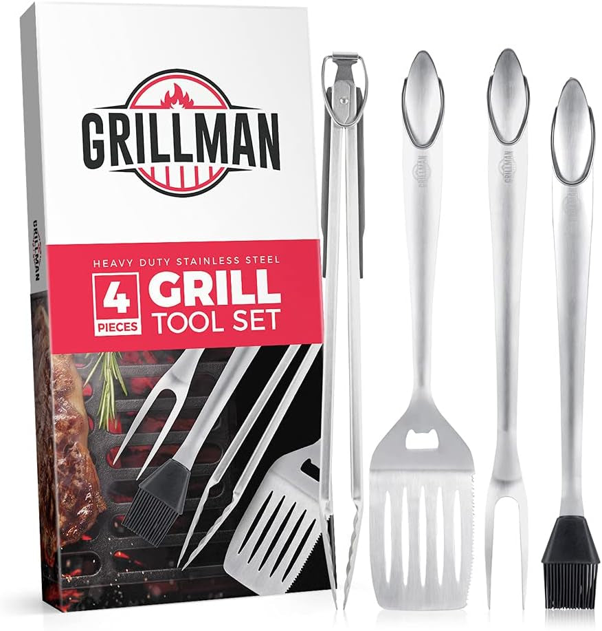 BBQ Grill Accessories - 4 Piece Barbecue Grill Set Including Spatula, Fork, Basting Brush & BBQ Tongs - Grilling Utensils Tools Set for Men & Women | Great Fathers Day and Dad Birthday Gift