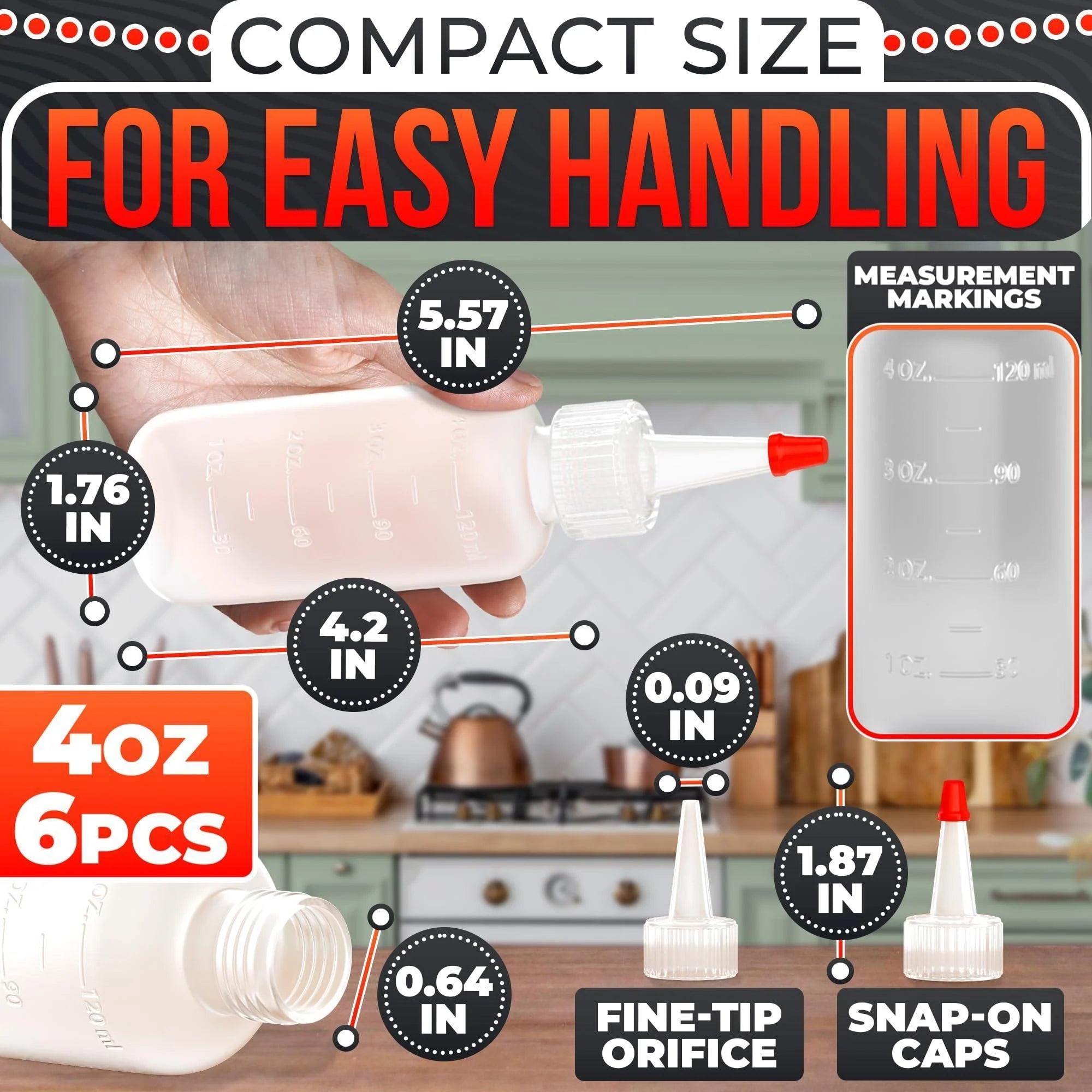 6 Pack 4Oz Small Squeeze Bottles for Liquids – Clear Condiment Squeeze Bottles for Sauces Ketchup Mustard Oil Syrups and Dressings with Measuring Scale – Easy to Use & Leak Proof