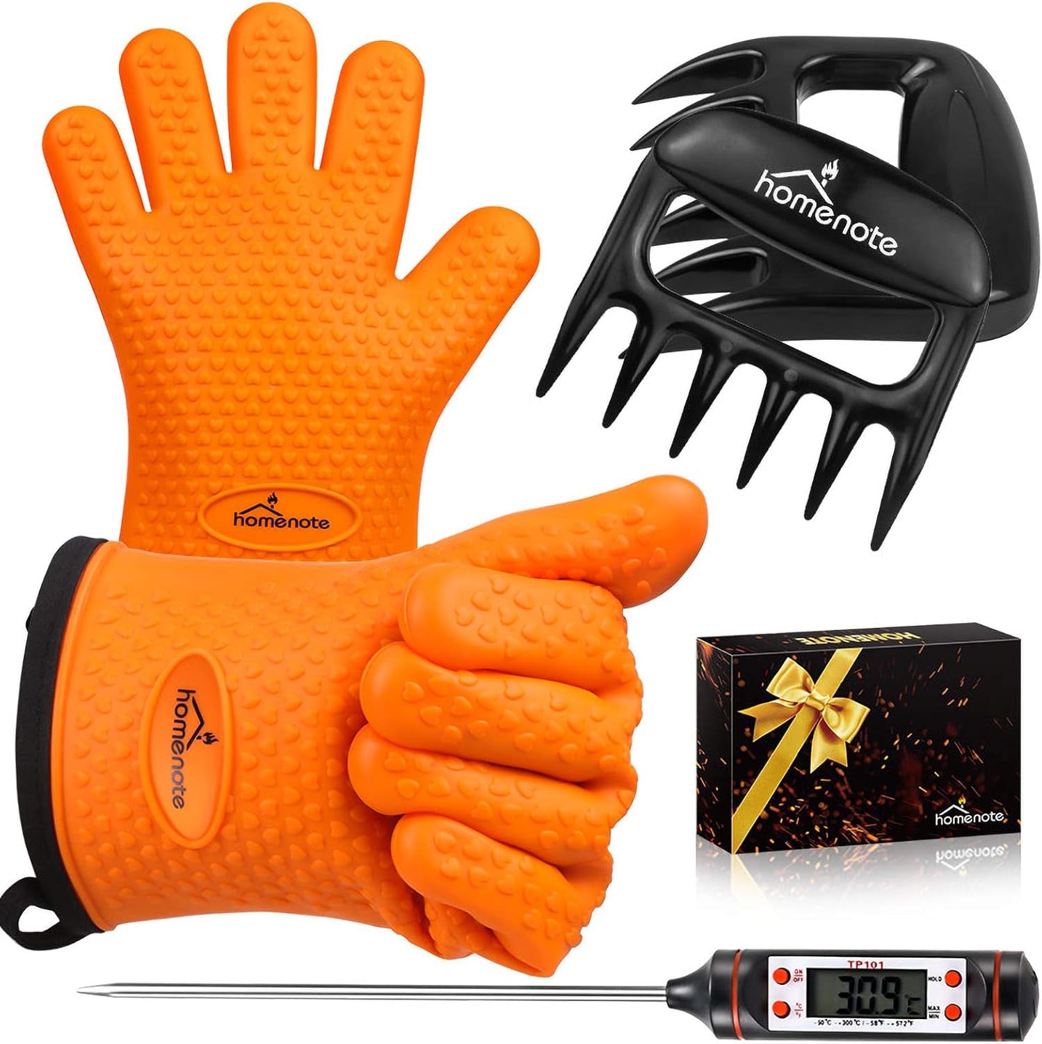 Grilling Accessories, Meat Claws, Large Barbecue Gloves and BBQ Thermometer 3 in 1 Grill Tools Set- Grilling Utensils for Man, Fathers Day, Christmas