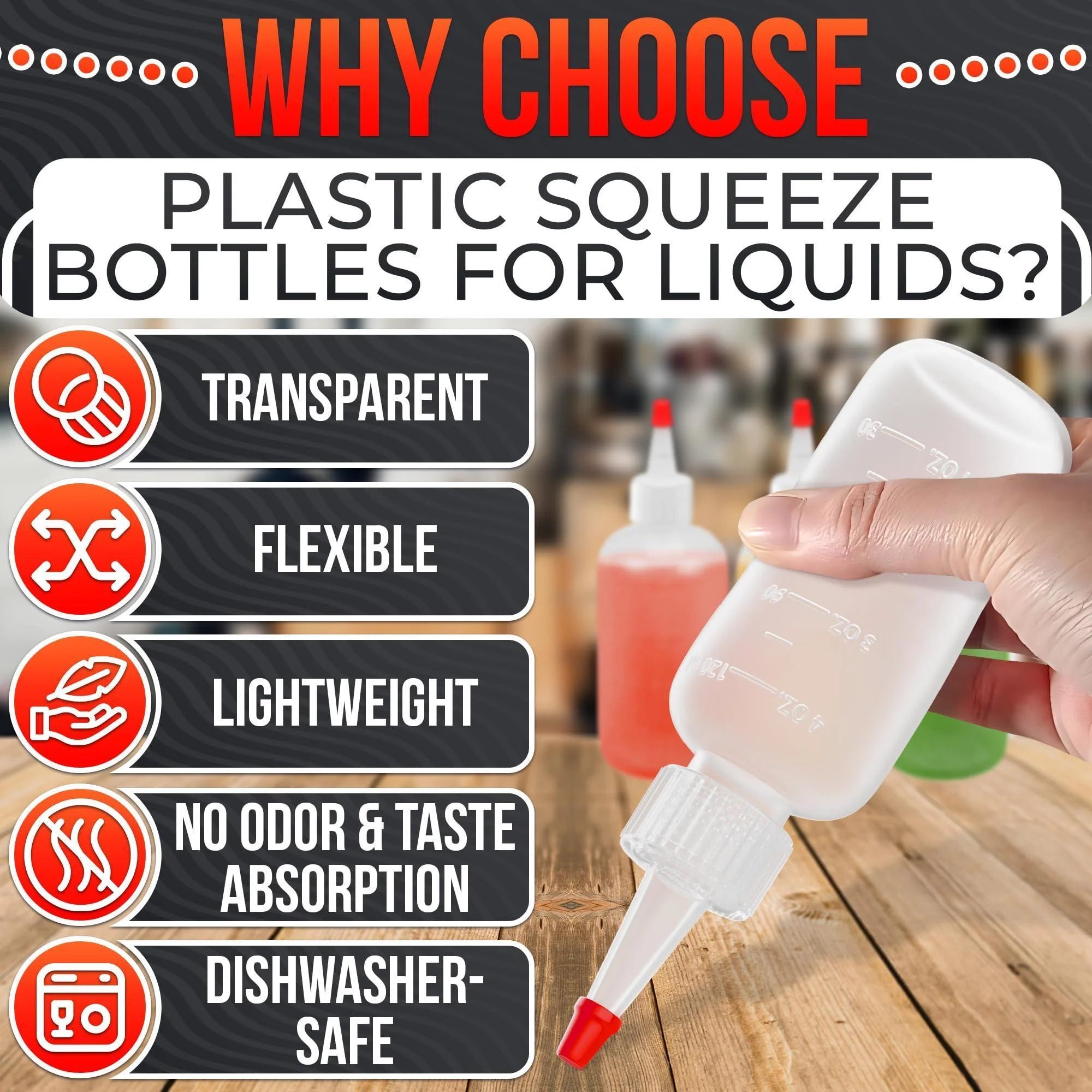 6 Pack 4Oz Small Squeeze Bottles for Liquids – Clear Condiment Squeeze Bottles for Sauces Ketchup Mustard Oil Syrups and Dressings with Measuring Scale – Easy to Use & Leak Proof