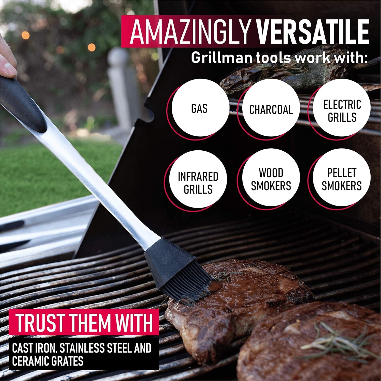 BBQ Grill Accessories - 4 Piece Barbecue Grill Set Including Spatula, Fork, Basting Brush & BBQ Tongs - Grilling Utensils Tools Set for Men & Women | Great Fathers Day and Dad Birthday Gift