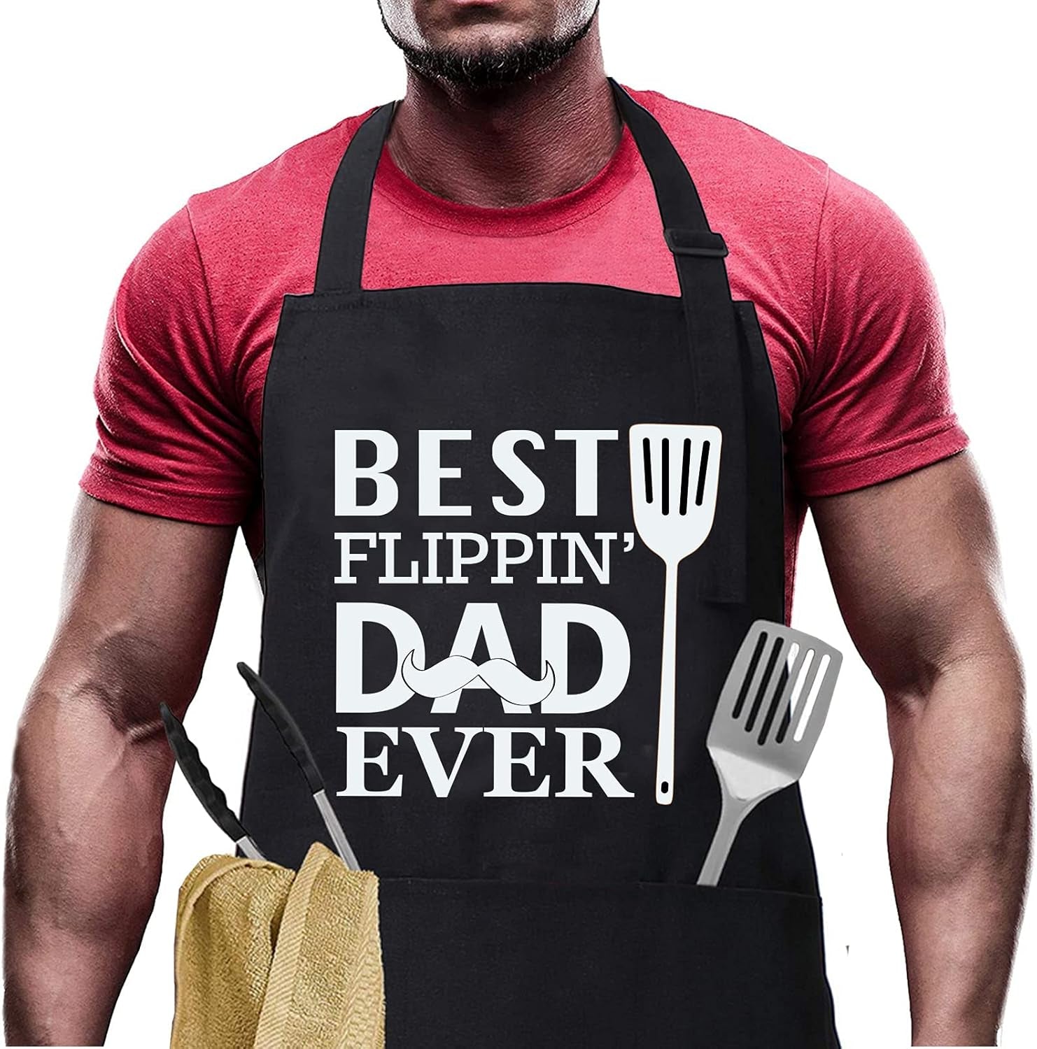 Funny Aprons for Men with Pockets - BEST FLIPPIN' DAD EVER- Grilling Aprons, Grill Men, Birthday Gifts Husband, Dad, BBQ Apron, Kitchen Apron 2 Pockets, 1 Pack, Black,White