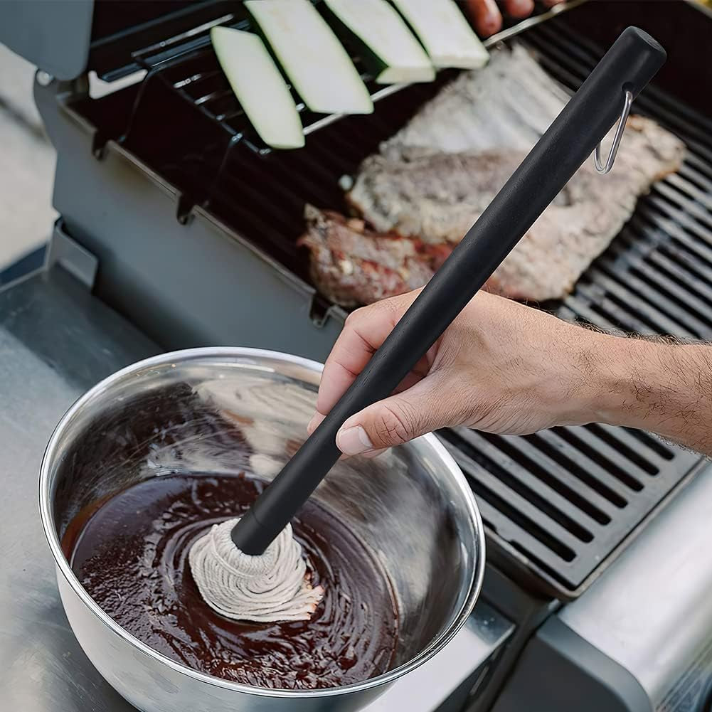 Grill Basting Mop,  18 Inch Grill Basting Brush BBQ Mop Black Wooden Long Handle with 4 Extra Replacement Heads for Grilling Smoking Barbecue Steak
