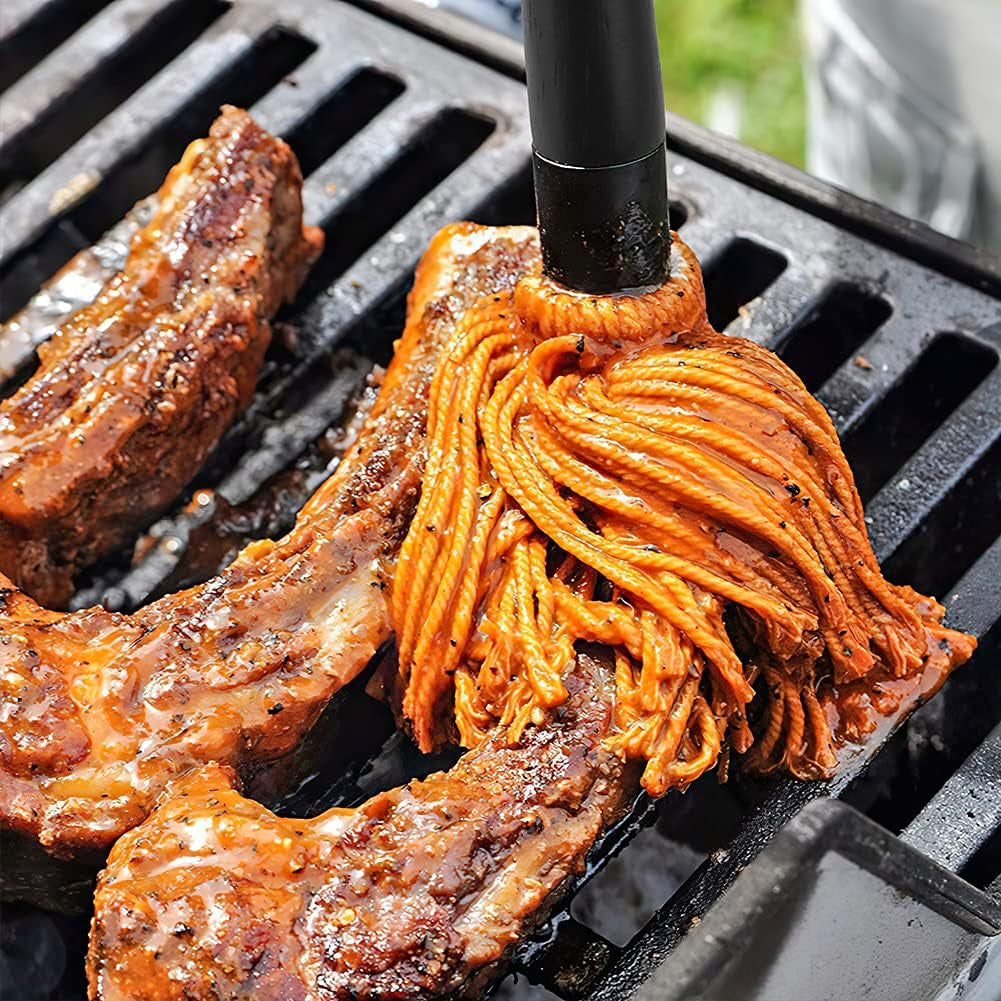 Grill Basting Mop,  18 Inch Grill Basting Brush BBQ Mop Black Wooden Long Handle with 4 Extra Replacement Heads for Grilling Smoking Barbecue Steak