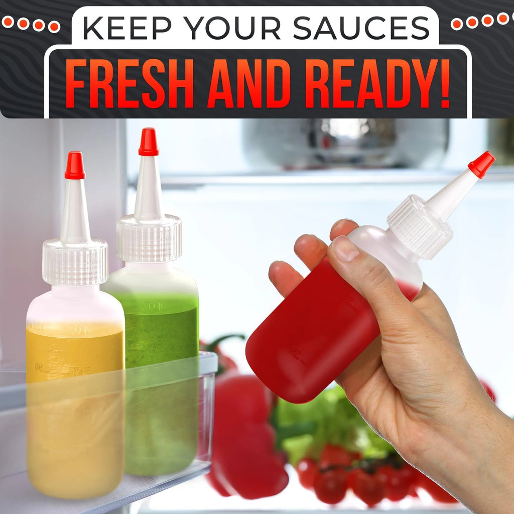 6 Pack 4Oz Small Squeeze Bottles for Liquids – Clear Condiment Squeeze Bottles for Sauces Ketchup Mustard Oil Syrups and Dressings with Measuring Scale – Easy to Use & Leak Proof