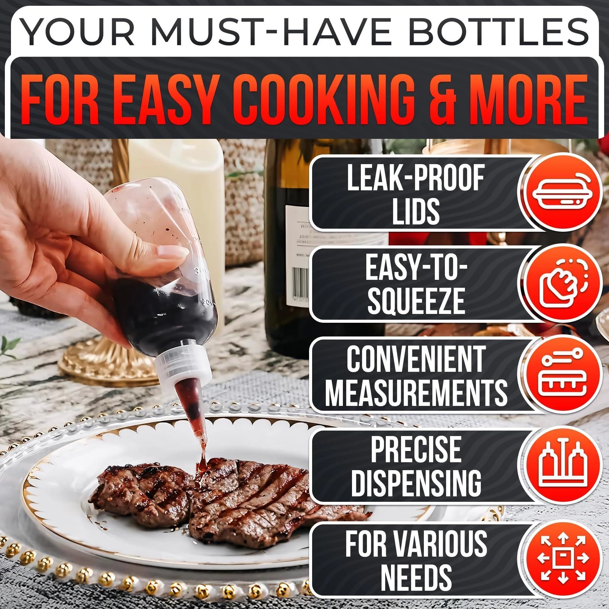 6 Pack 4Oz Small Squeeze Bottles for Liquids – Clear Condiment Squeeze Bottles for Sauces Ketchup Mustard Oil Syrups and Dressings with Measuring Scale – Easy to Use & Leak Proof