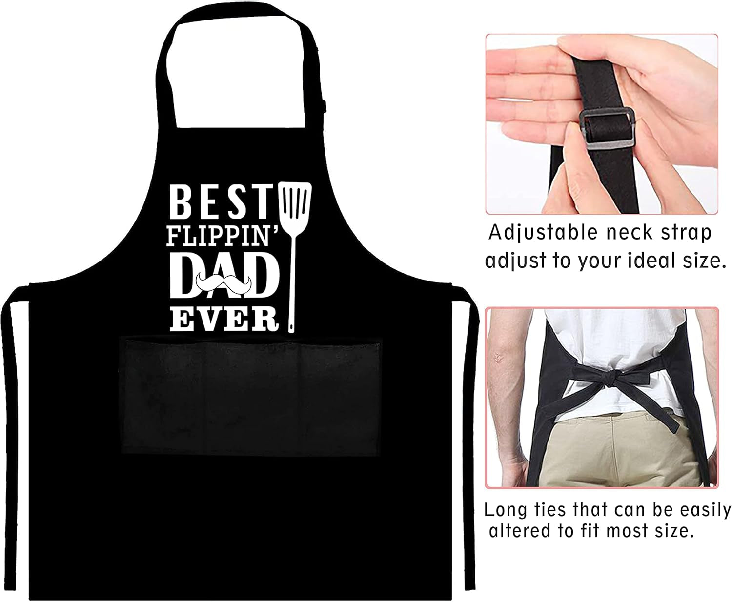 Funny Aprons for Men with Pockets - BEST FLIPPIN' DAD EVER- Grilling Aprons, Grill Men, Birthday Gifts Husband, Dad, BBQ Apron, Kitchen Apron 2 Pockets, 1 Pack, Black,White