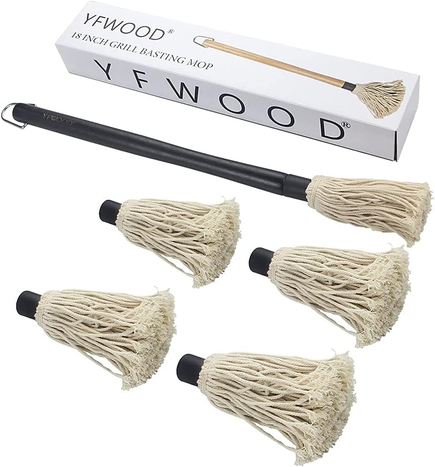 Grill Basting Mop,  18 Inch Grill Basting Brush BBQ Mop Black Wooden Long Handle with 4 Extra Replacement Heads for Grilling Smoking Barbecue Steak