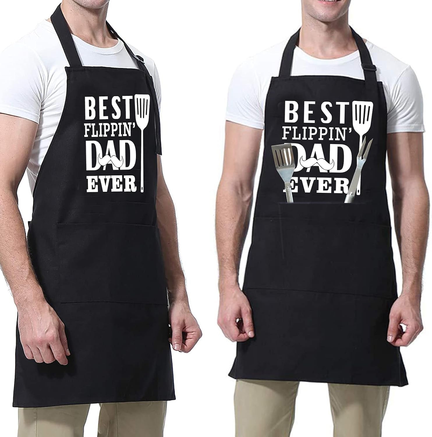 Funny Aprons for Men with Pockets - BEST FLIPPIN' DAD EVER- Grilling Aprons, Grill Men, Birthday Gifts Husband, Dad, BBQ Apron, Kitchen Apron 2 Pockets, 1 Pack, Black,White